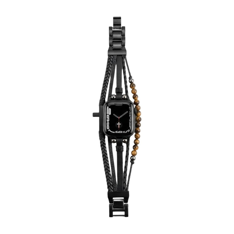 Bracelet multi-rangs noir en simili cuir vegan avec perles œil de tigre et croix noire pour Apple Watch, fermoir ajustable.