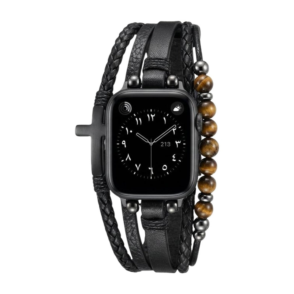 Bracelet Apple Watch multi-rangs en simili cuir vegan noir avec perles œil de tigre et croix noire, fermoir ajustable.