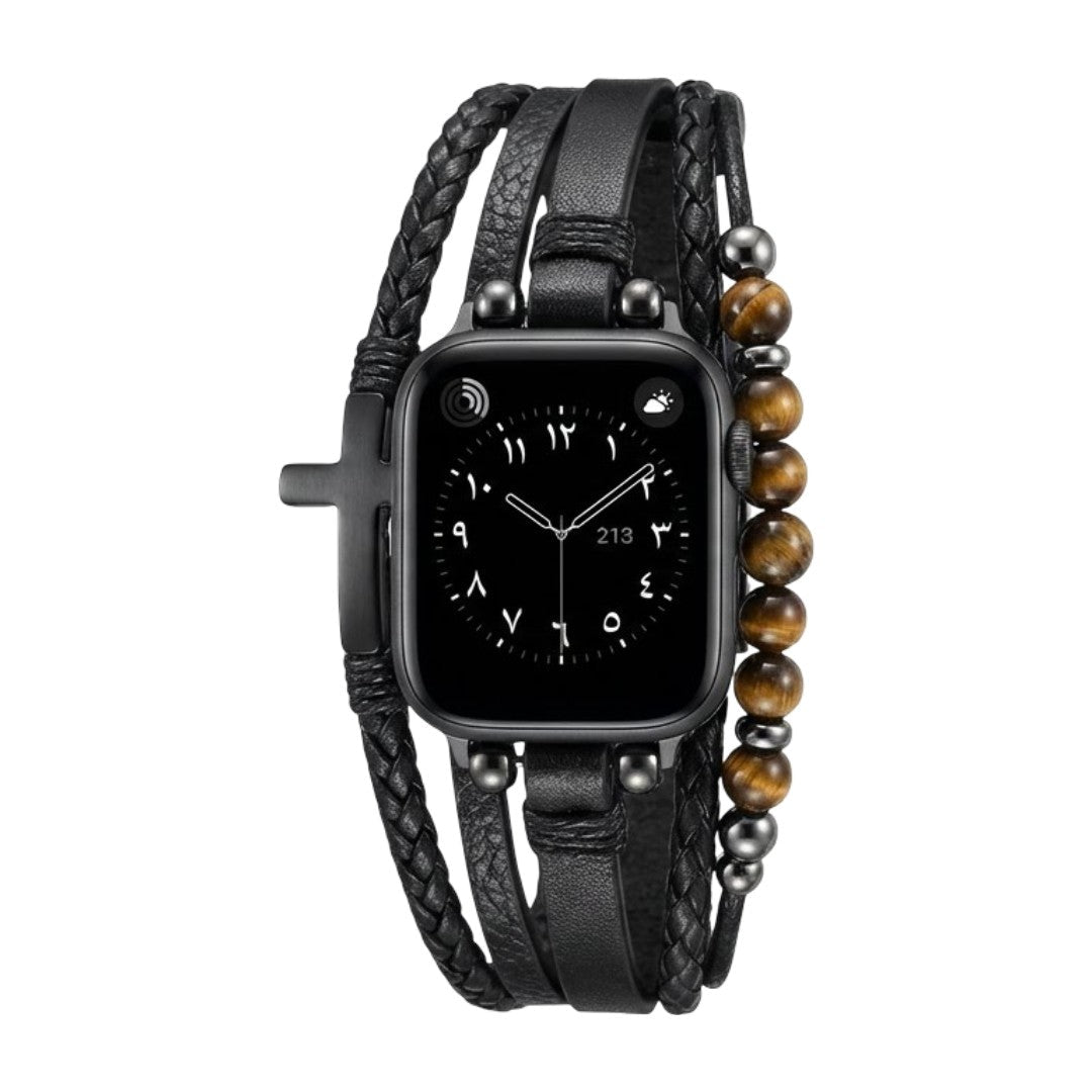 Bracelet Apple Watch multi-rangs en simili cuir vegan noir avec perles œil de tigre et croix noire, fermoir ajustable.