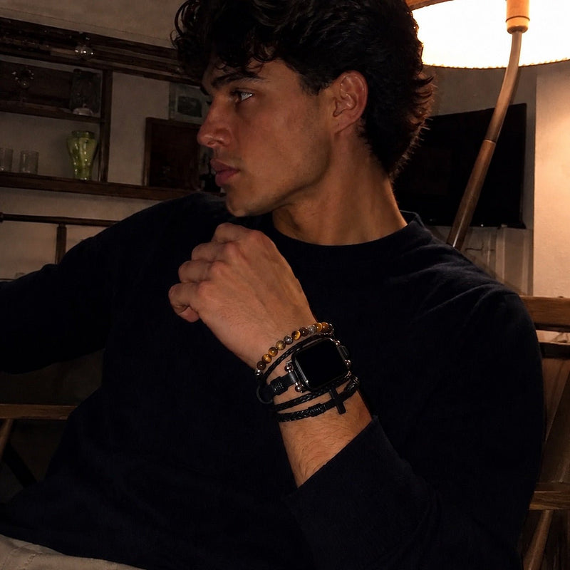 Apple Watch-armband med flera rader, tigeröga-pärlor och svart kors, veganskt konstläder, justerbart spänne, modell Caleb