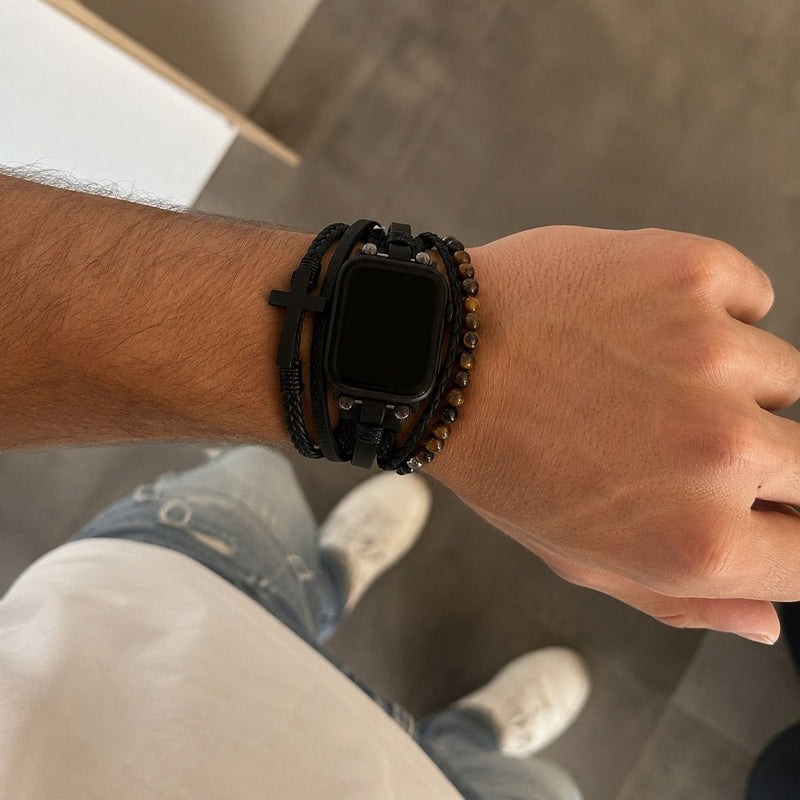 Apple Watch-armband med flera rader, tigeröga-pärlor och svart kors, veganskt konstläder, justerbart spänne, modell Caleb