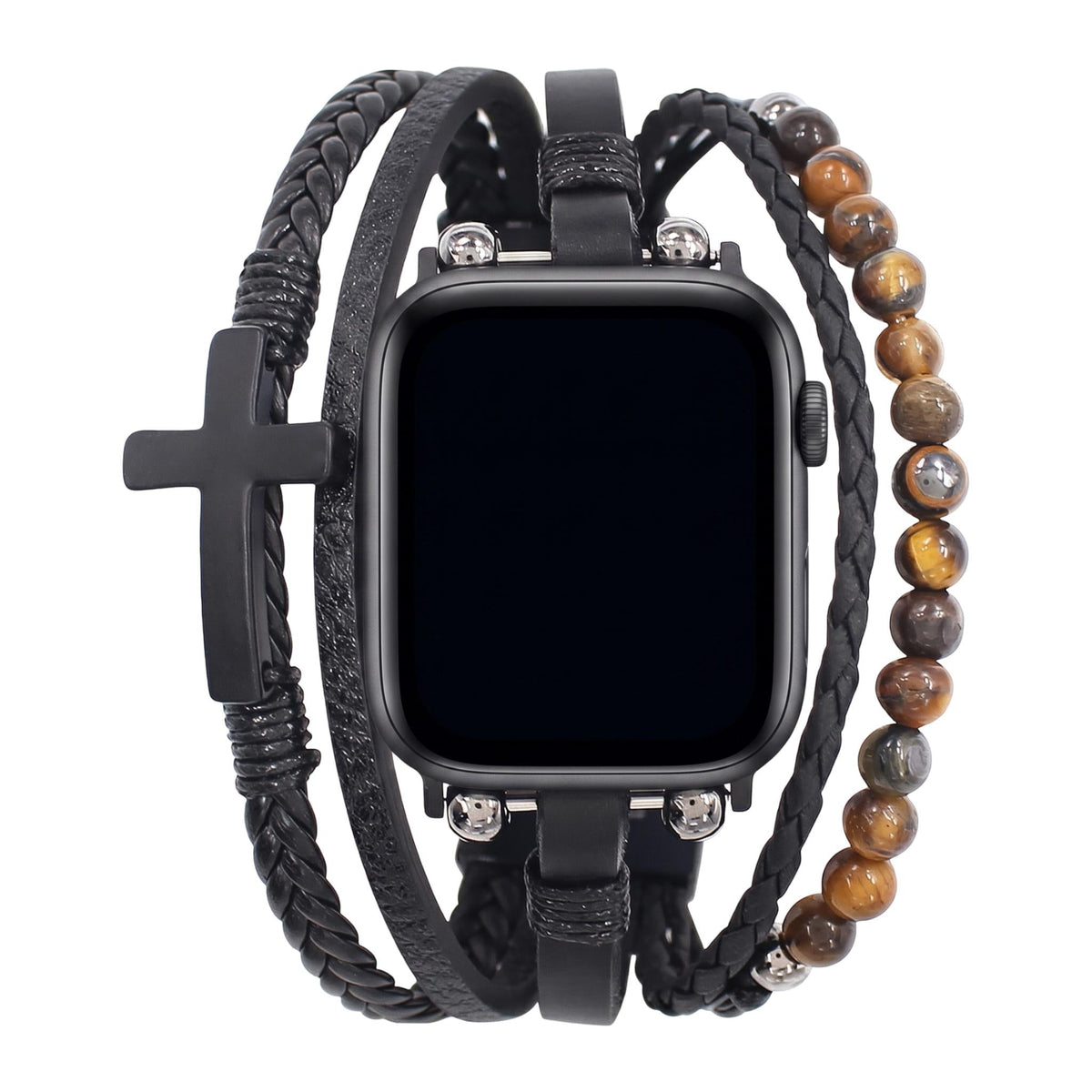 Apple Watch-armband med flera rader, tigeröga-pärlor och svart kors, veganskt konstläder, justerbart spänne, modell Caleb