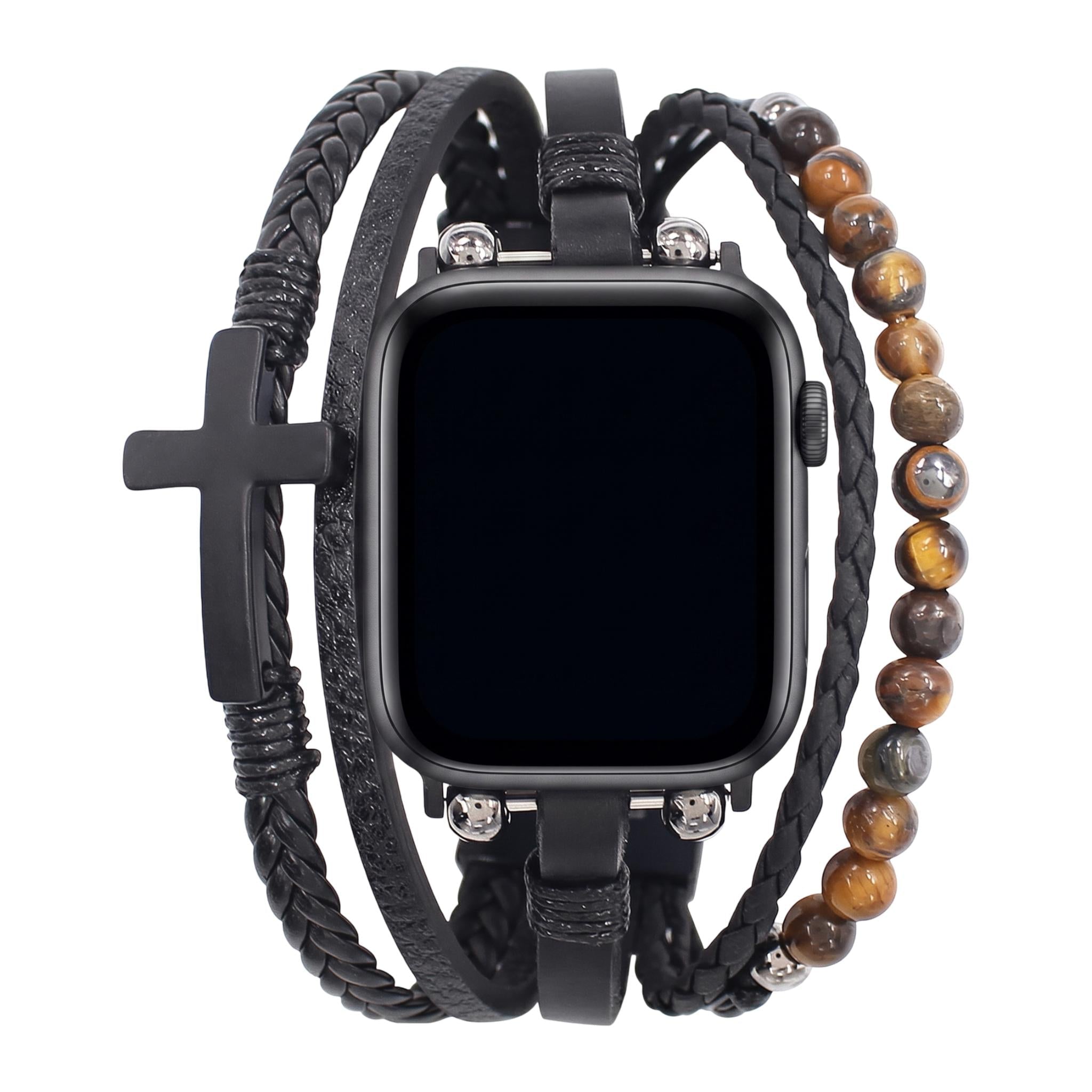 Apple Watch armband met meerdere rijen, tijgeroog kralen en zwart kruis, veganistisch imitatieleer, verstelbare sluiting, model Caleb