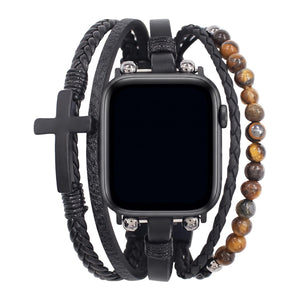 Apple Watch-armband med flera rader, tigeröga-pärlor och svart kors, veganskt konstläder, justerbart spänne, modell Caleb