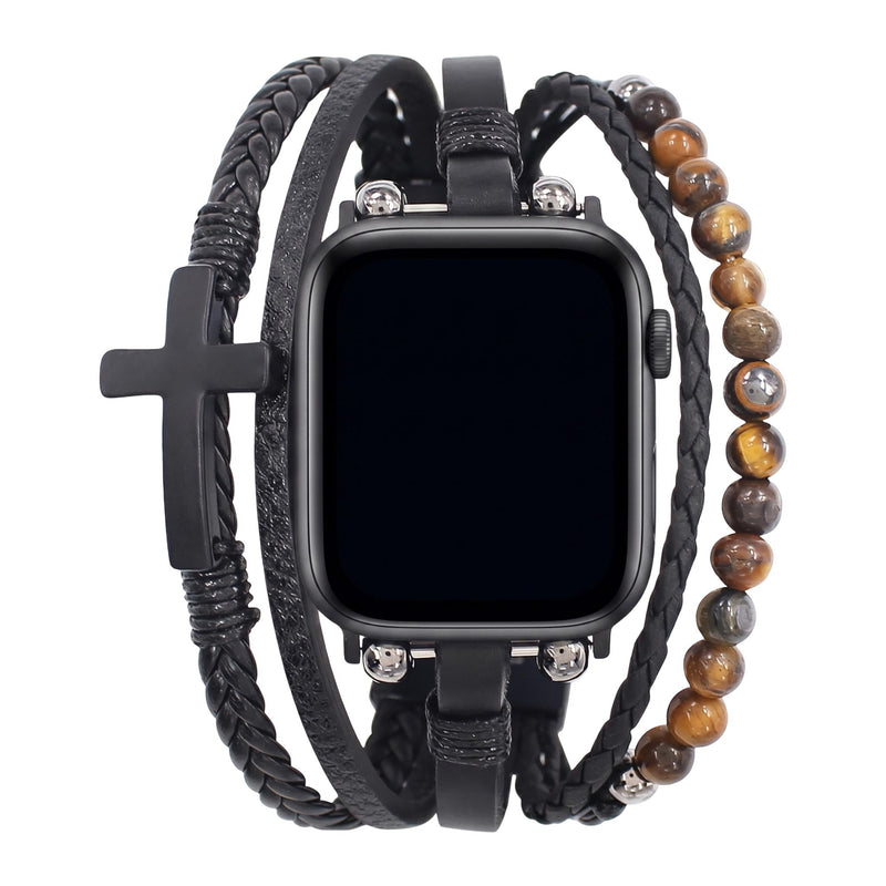 Apple Watch-armband med flera rader, tigeröga-pärlor och svart kors, veganskt konstläder, justerbart spänne, modell Caleb