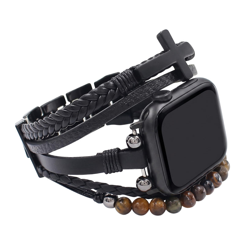 Apple Watch-armband med flera rader, tigeröga-pärlor och svart kors, veganskt konstläder, justerbart spänne, modell Caleb