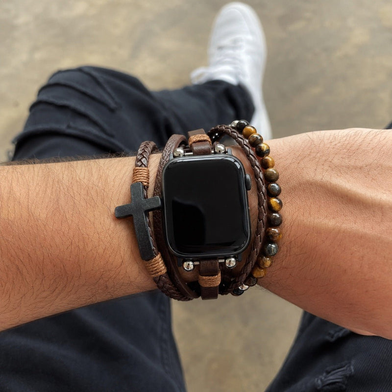 Apple Watch-armband med flera rader, tigeröga-pärlor och svart kors, veganskt konstläder, justerbart spänne, modell Caleb