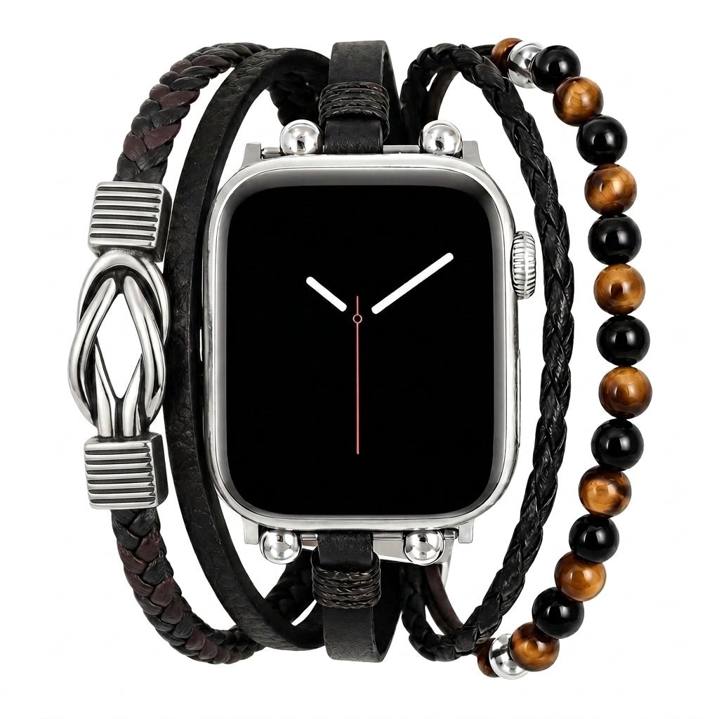 Pulseira Apple Watch multi-filas, contas olho de tigre e ónix, nó celta, fecho ajustável, modelo Arcane