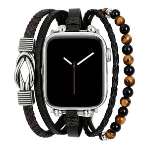 Pulseira Apple Watch multi-filas, contas olho de tigre e ónix, nó celta, fecho ajustável, modelo Arcane