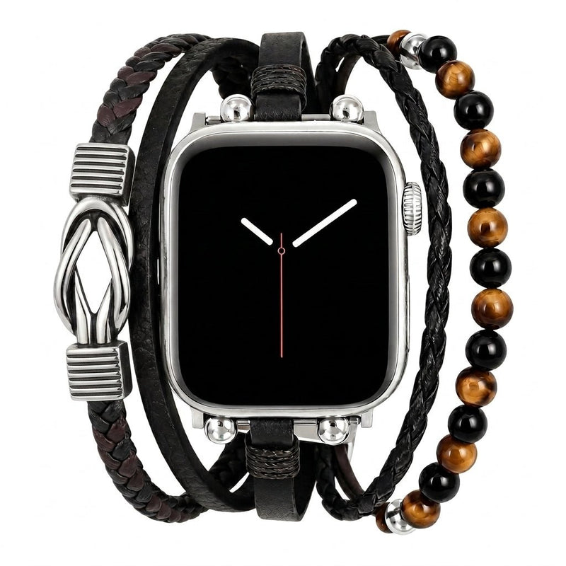 Pulseira Apple Watch multi-filas, contas olho de tigre e ónix, nó celta, fecho ajustável, modelo Arcane