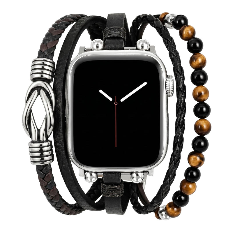 Pulsera para Apple Watch de múltiples hileras, con cuentas de ojo de tigre y ónix, nudo celta, cierre ajustable, modelo Arcane