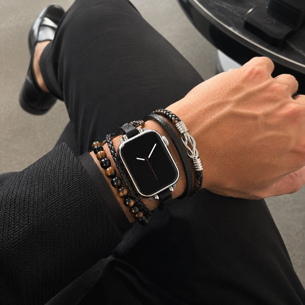 Pulsera para Apple Watch de múltiples hileras, con cuentas de ojo de tigre y ónix, nudo celta, cierre ajustable, modelo Arcane