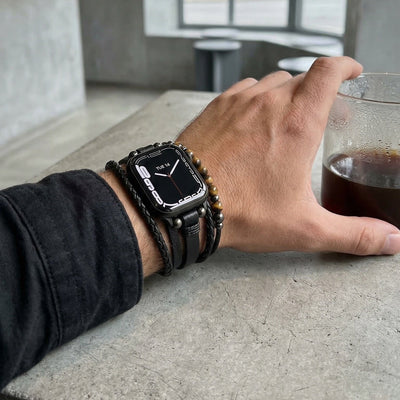 Bracelet Apple Watch multi-rangs, perles œil de tigre, simili cuir vegan, fermoir ajustable, modèle Renz