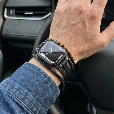 Bracelet Apple Watch multi-rangs, perles œil de tigre, simili cuir vegan, fermoir ajustable, modèle Renz