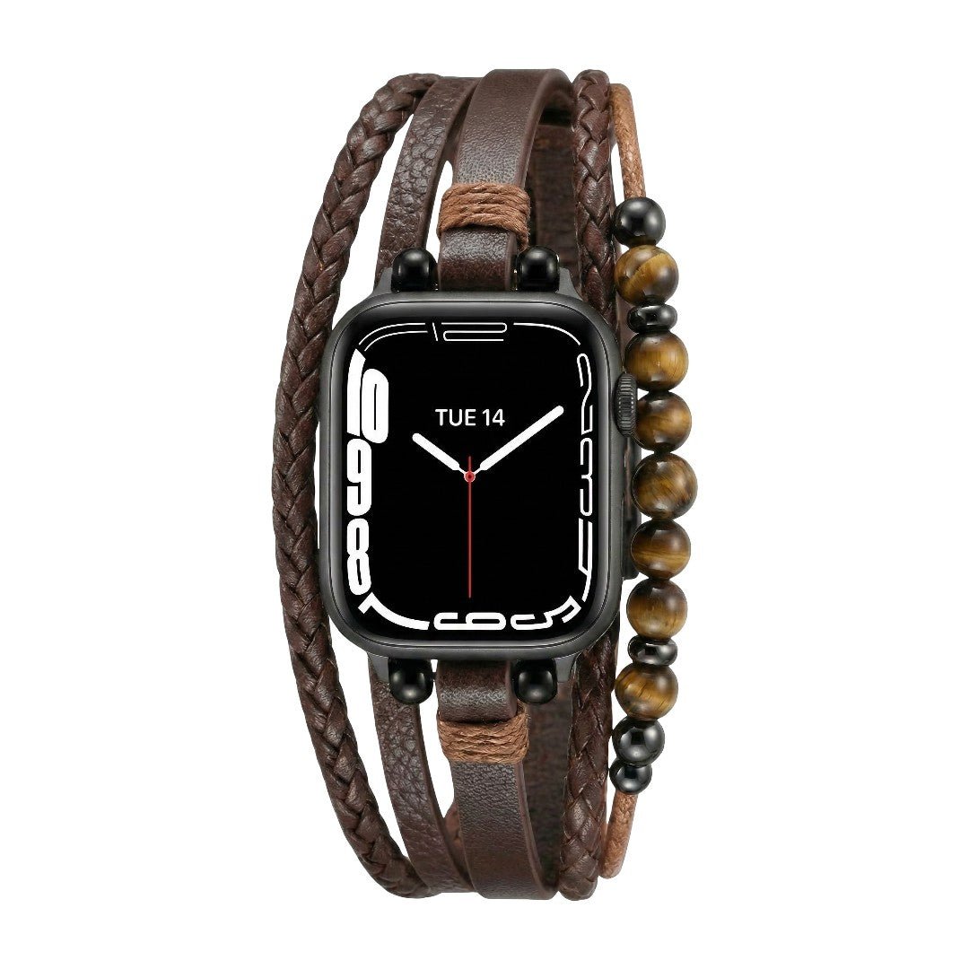 Bracelet Apple Watch multi-rangs, perles œil de tigre, simili cuir vegan, fermoir ajustable, modèle Renz