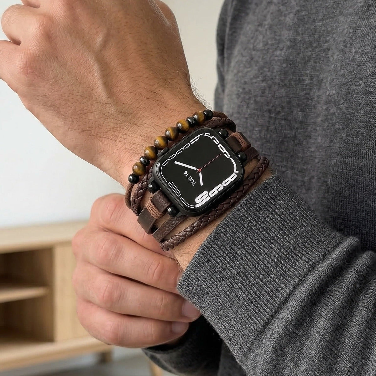 Bracelet Apple Watch multi-rangs, perles œil de tigre, simili cuir vegan, fermoir ajustable, modèle Renz