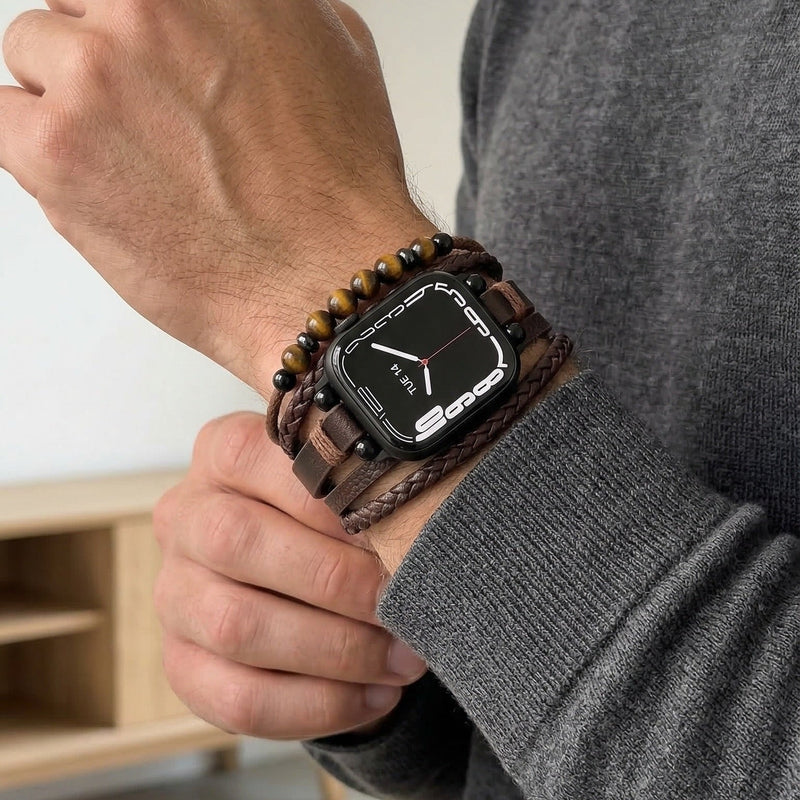 Apple Watch Armband, mehrreihig, Tigerauge-Perlen, veganes Kunstleder, verstellbarer Verschluss, Modell Renz