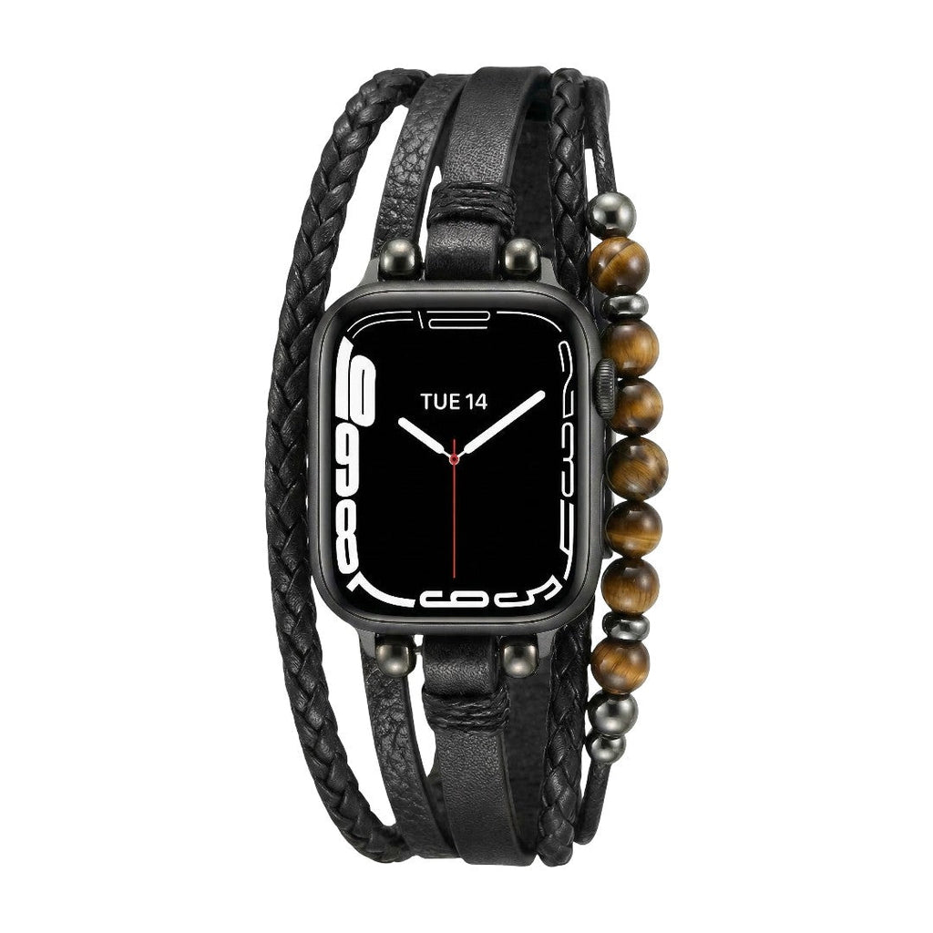 Apple Watch Armband, mehrreihig, Tigerauge-Perlen, veganes Kunstleder, verstellbarer Verschluss, Modell Renz