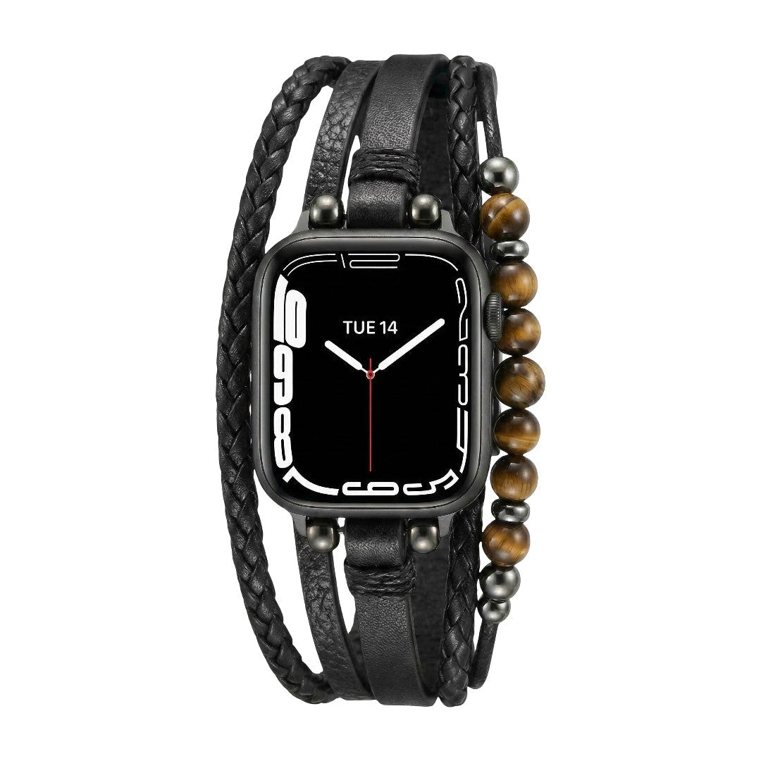 Bracelet Apple Watch multi-rangs, perles œil de tigre, simili cuir vegan, fermoir ajustable, modèle Renz