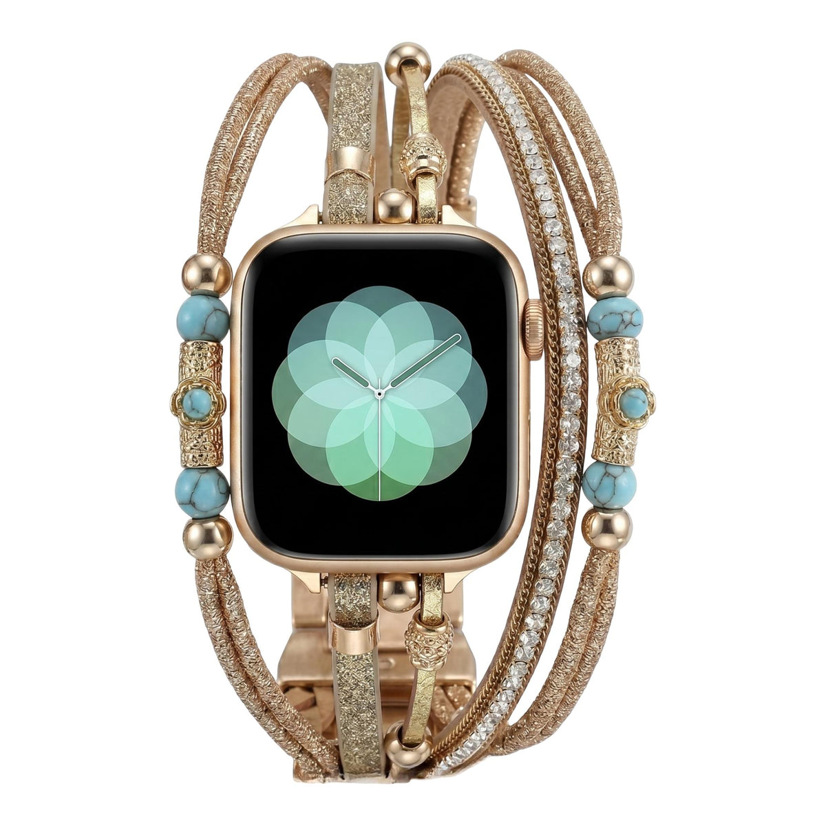 Apple Watch Armband mit mehreren Reihen, türkisfarbenen Perlen und funkelnden Bändern, vergoldete oder versilberte Ausführung, für Damen, Modell Christine