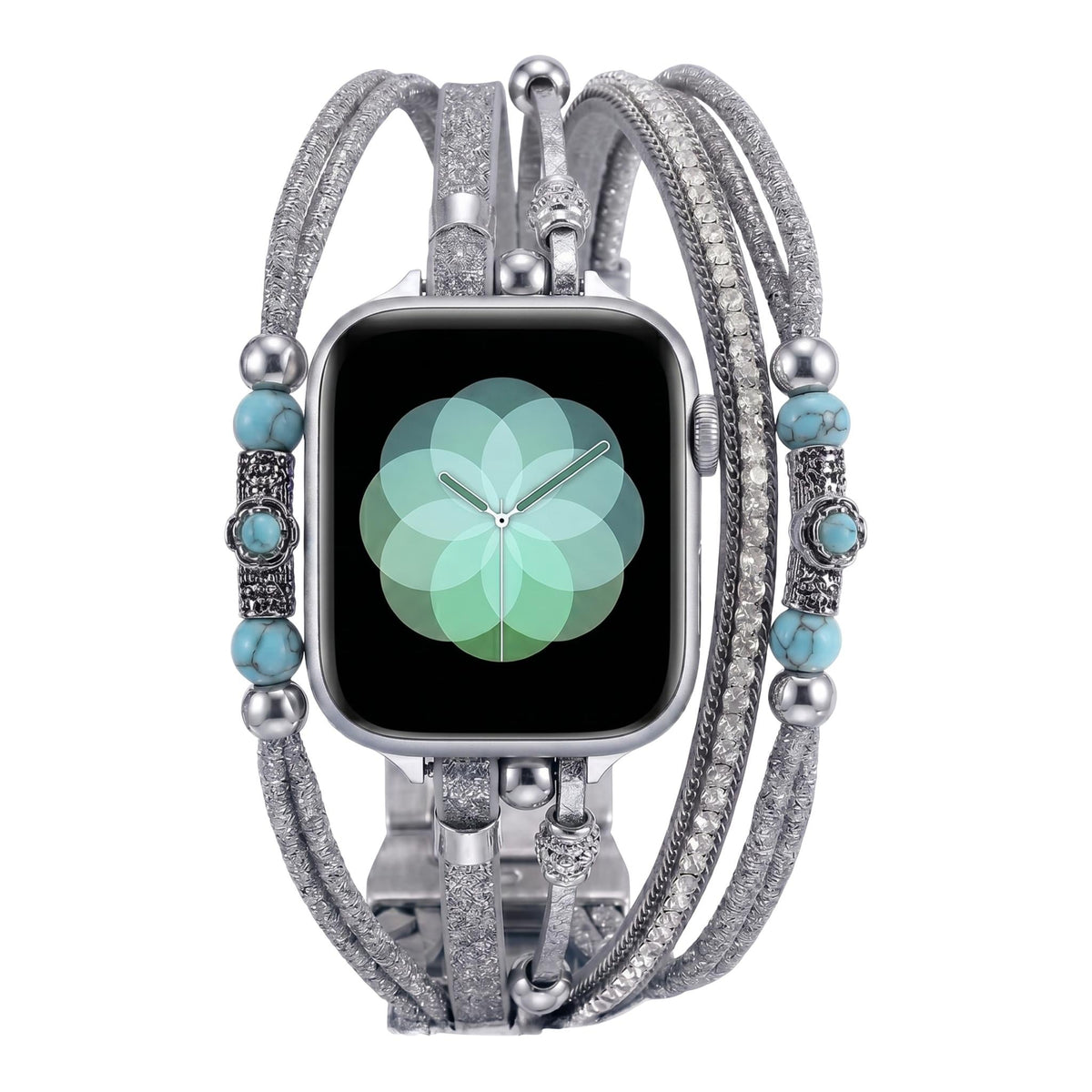 Apple Watch Armband mit mehreren Reihen, türkisfarbenen Perlen und funkelnden Bändern, vergoldete oder versilberte Ausführung, für Damen, Modell Christine