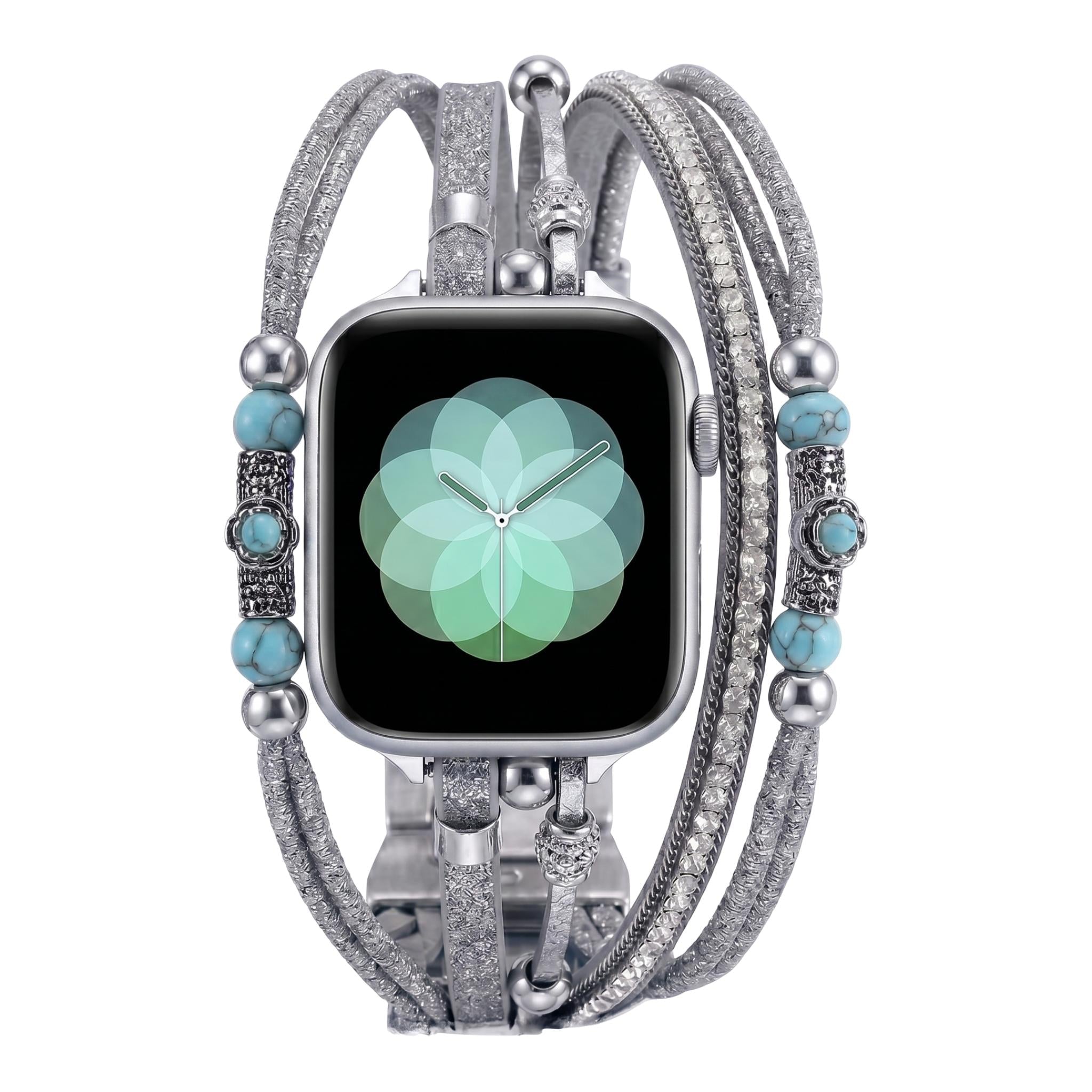 Apple Watch Armband, mehrreihig, echte Türkissteine, veganes Kunstleder, verstellbarer Verschluss, Smart-Schmuck für Damen, Modell Christine