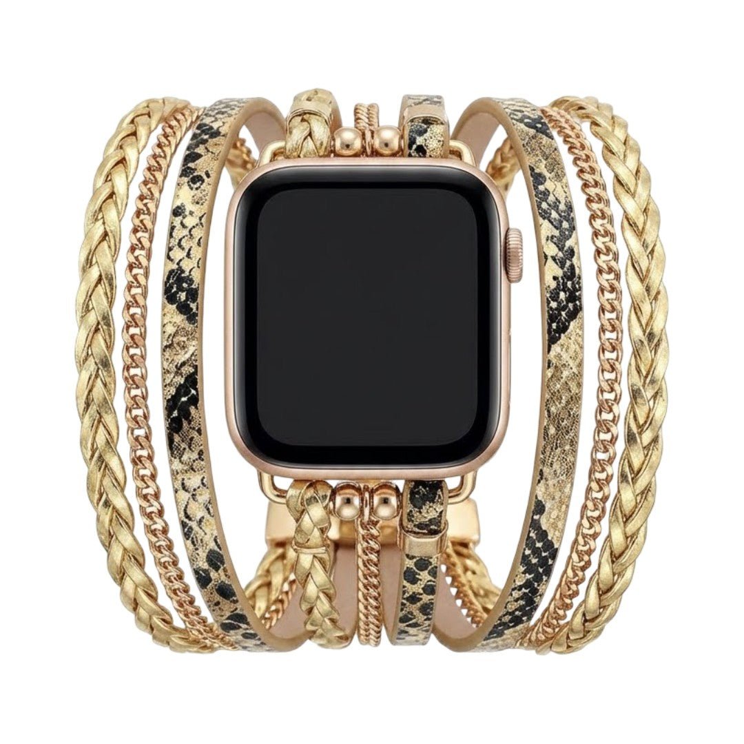 Bracelet multi-rangs effet serpent doré et noir en simili vegan avec chaînes et fermoir boucle pour Apple Watch.