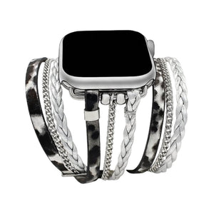Bracelet multi-rangs pour Apple Watch avec simili cuir effet serpent beige et chaînes argentées tressées, fermoir boucle.