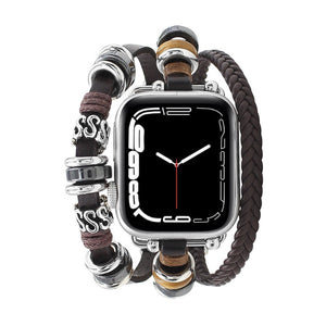 Bracelet pour Apple Watch homme multi-rangs en cuir marron tressé avec perles acier argenté et détails ronds boisés.