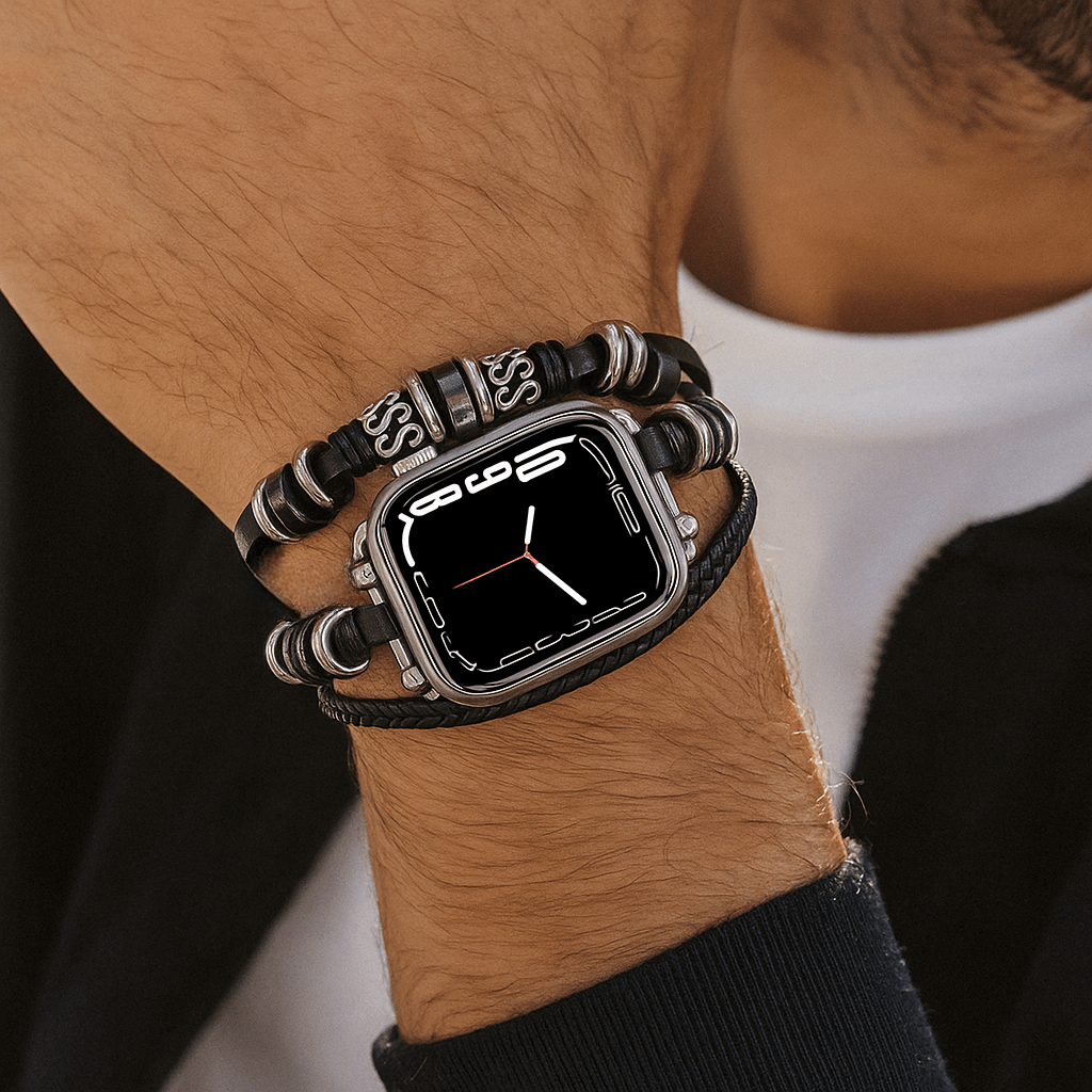 Bracelet multi-rangs noir tressé avec perles en acier, ajustable, pour Apple Watch homme.