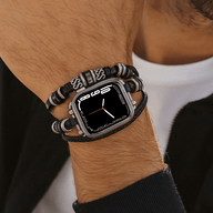 Bracelet multi-rangs noir tressé avec perles en acier, ajustable, pour Apple Watch homme.