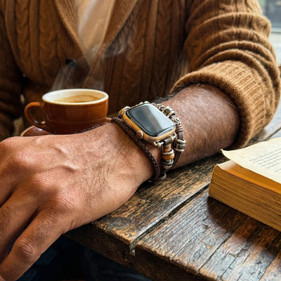 Bracelet Apple Watch multi-rangs, style lanière tressé et perles acier, taille réglable pour homme, modèle Gladius
