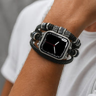 Bracelet multi-rangs pour Apple Watch avec lanière tressée noire et perles en acier inoxydable manchon réglable homme.