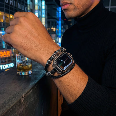 Bracelet Apple Watch multi-rangs, style lanière tressé et perles acier, taille réglable pour homme, modèle Gladius
