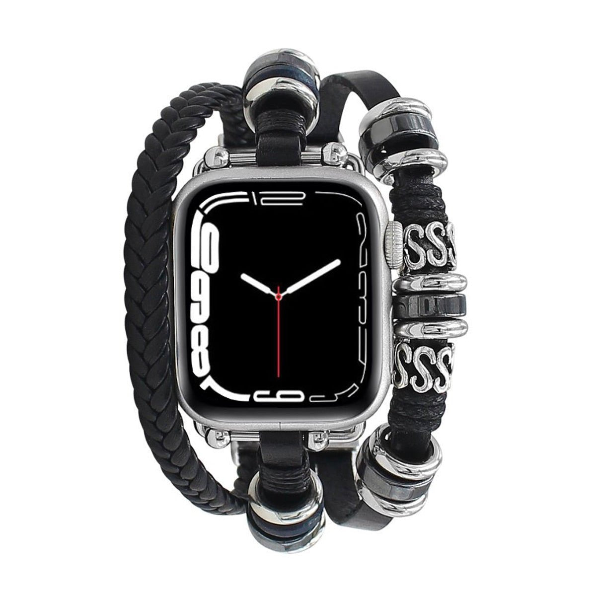 Bracelet multi-rangs noir tressé avec perles en acier pour Apple Watch, style lanière réglable homme.