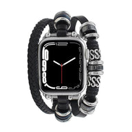 Bracelet multi-rangs noir tressé avec perles en acier pour Apple Watch, style lanière réglable homme.