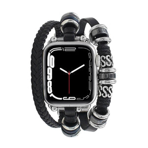 Bracelet multi-rangs noir tressé avec perles en acier pour Apple Watch, style lanière réglable homme.