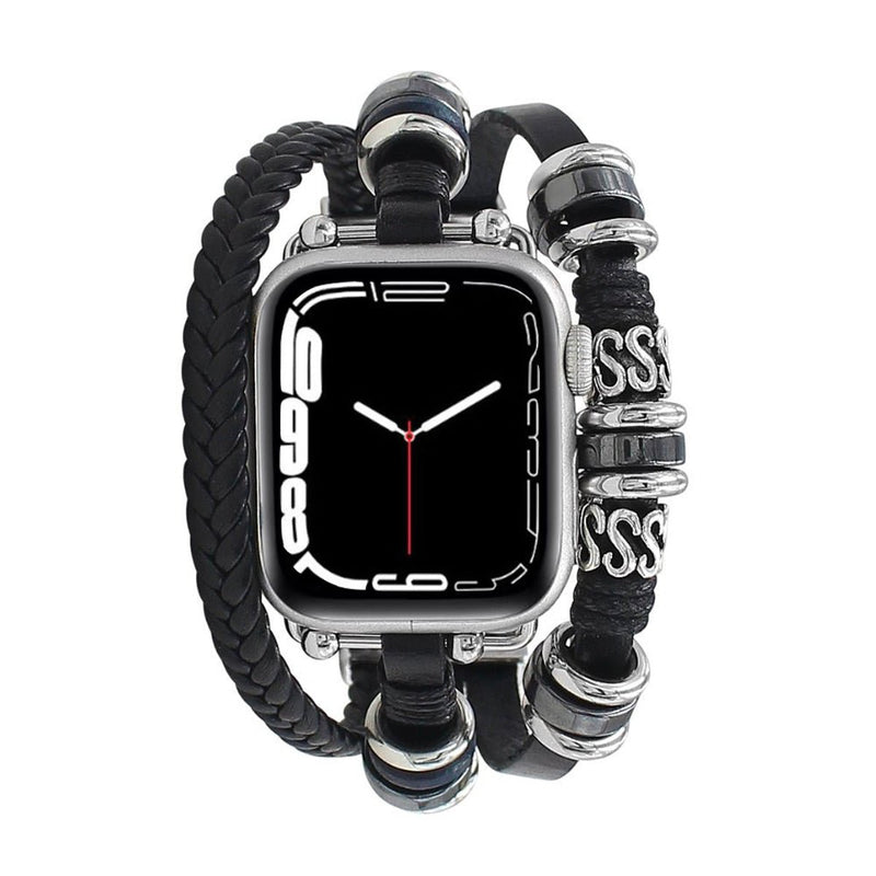 Bracelet multi-rangs noir tressé avec perles en acier pour Apple Watch, style lanière réglable homme.