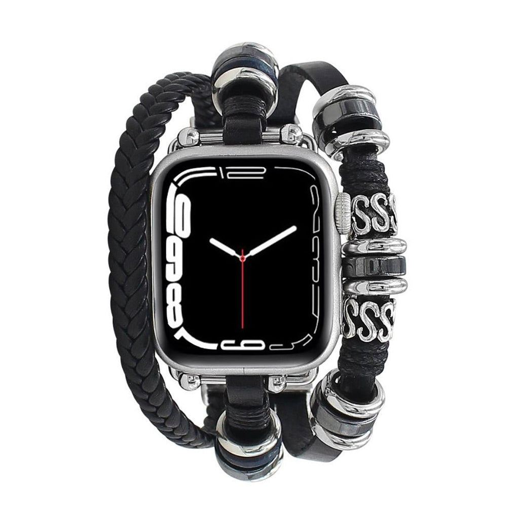 Bracelet multi-rangs noir tressé avec perles en acier pour Apple Watch, style lanière réglable homme.