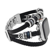 Bracelet multi-rangs pour Apple Watch avec lanière noire tressée et perles acier argenté, taille réglable homme.