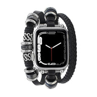 Bracelet Apple Watch multi-rangs noir en cuir tressé avec perles acier inoxydable et détails argentés, style lanière pour.