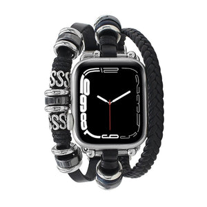 Bracelet Apple Watch multi-rangs noir en cuir tressé avec perles acier inoxydable et détails argentés, style lanière pour.