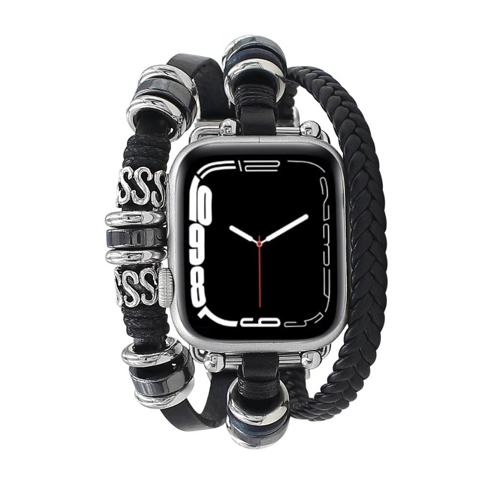 Bracelet Apple Watch multi-rangs noir en cuir tressé avec perles acier inoxydable et détails argentés, style lanière pour.