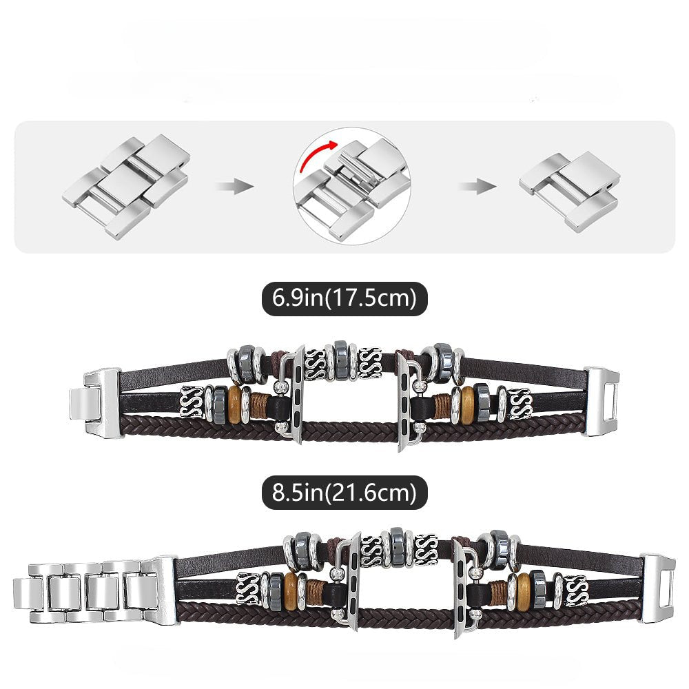 Bracelet multi-rangs pour Apple Watch en cuir tressé noir avec perles en acier inoxydable argenté, taille réglable homme.