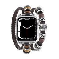 Bracelet Apple Watch multi-rangs marron en cuir tressé avec perles en acier argent et noir, ajustable pour homme.