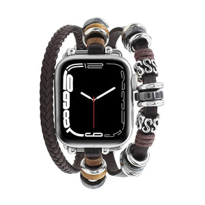 Bracelet Apple Watch multi-rangs marron en cuir tressé avec perles en acier argent et noir, ajustable pour homme.
