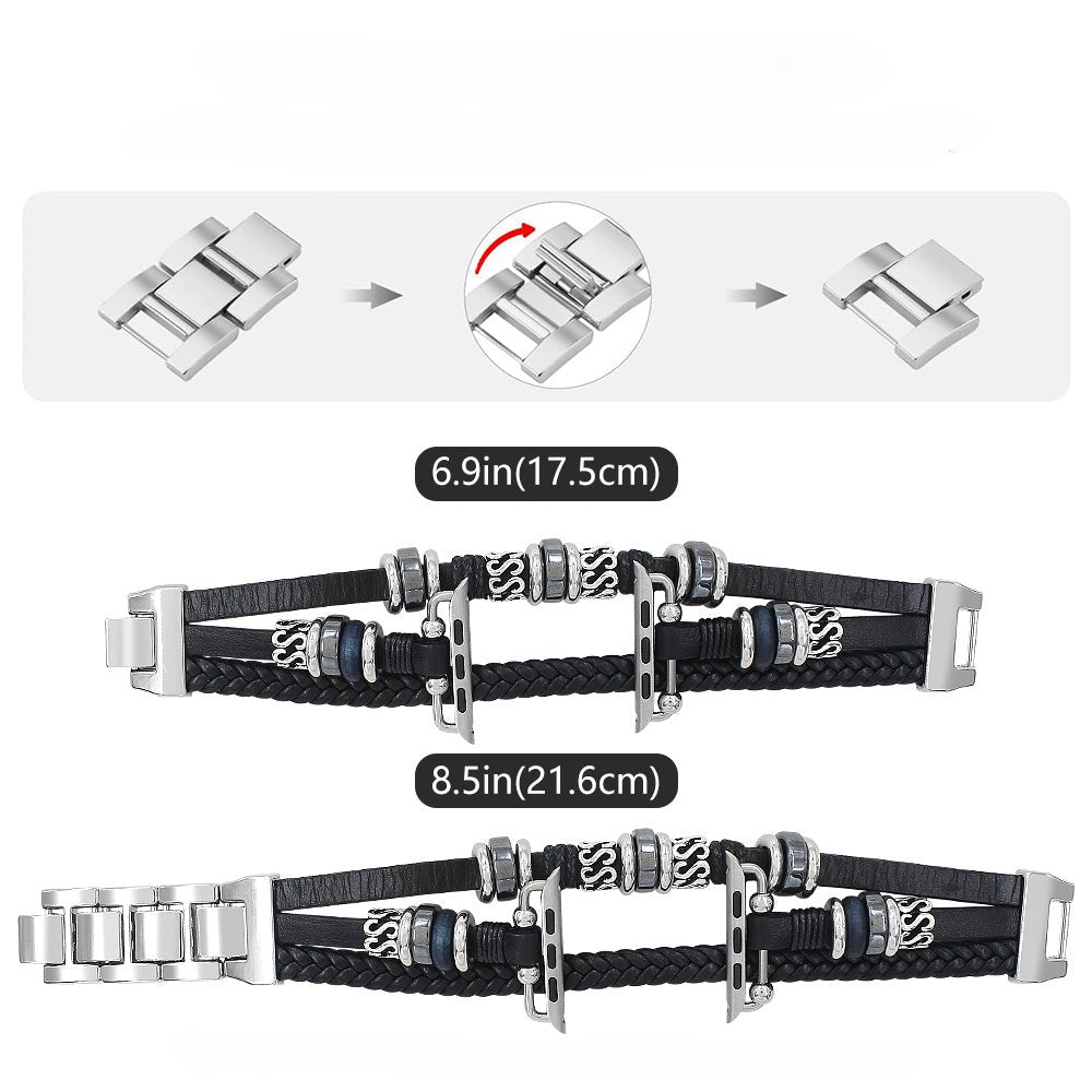Bracelet multi-rangs pour Apple Watch avec lanières en cuir noir tressé et perles en acier argenté, taille réglable homme.