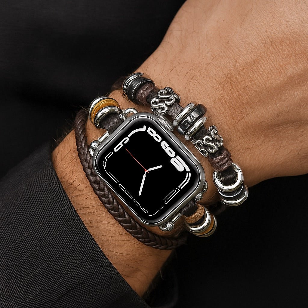 Bracelet multi-rangs pour Apple Watch avec lanière tressée noire et perles en acier brossé, style ajustable pour homme.