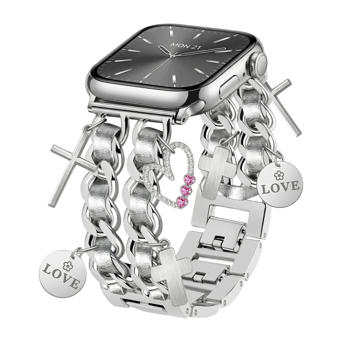 Bracelet Apple Watch, multiples breloques cœur et croix, maillons métalliques à clipser, bijou de montre femme, accessoire tendance, modèle Erza