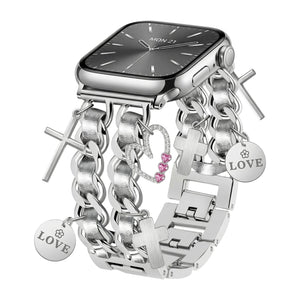 Apple Watch Bracelet, multiple heart and cross charms, clip-on metal links, women's watch jewelry, trendy accessory, Erza model